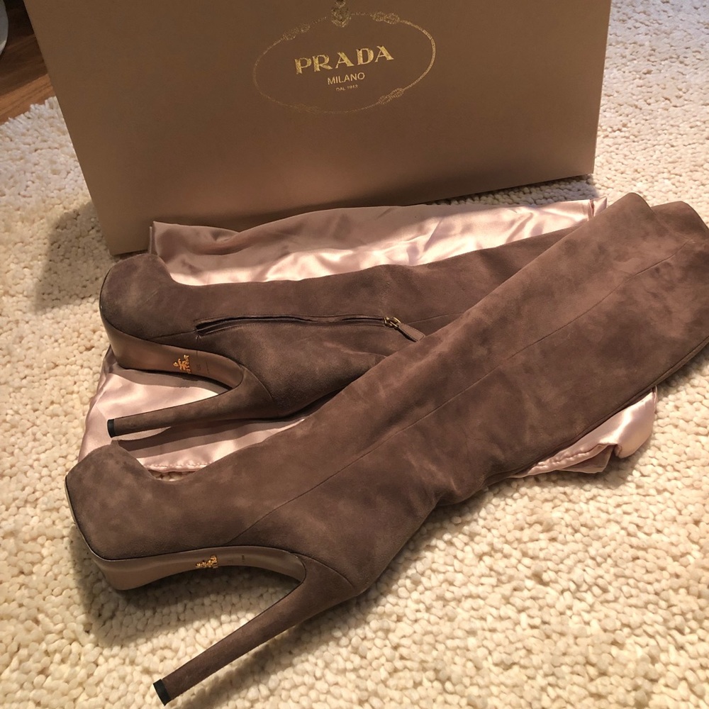Knee high platform suede Prada boots